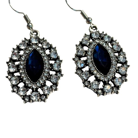 Dressy pierced earrings clear crystals & blue rhinestones silver drop dangles - Picture 5 of 6